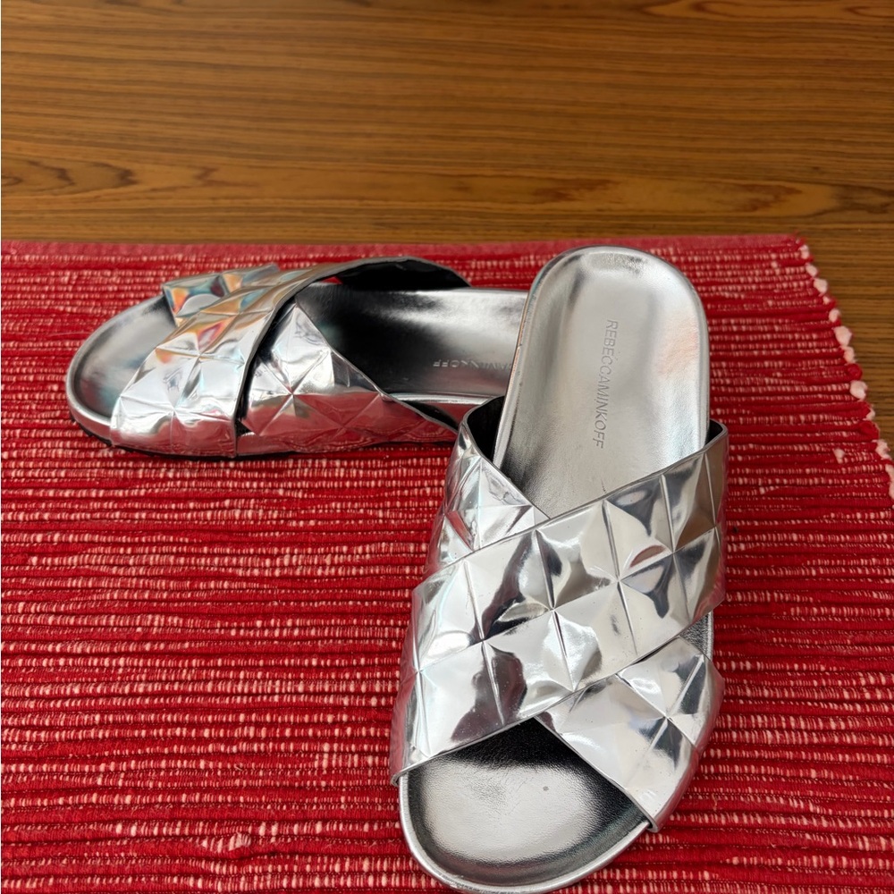 Rebecca Minkoff Tammi Studded Slide Flat Sandal Silver Sz 6